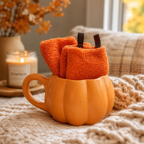 Ceramic pumpkin mug filled with a cosy hot drink