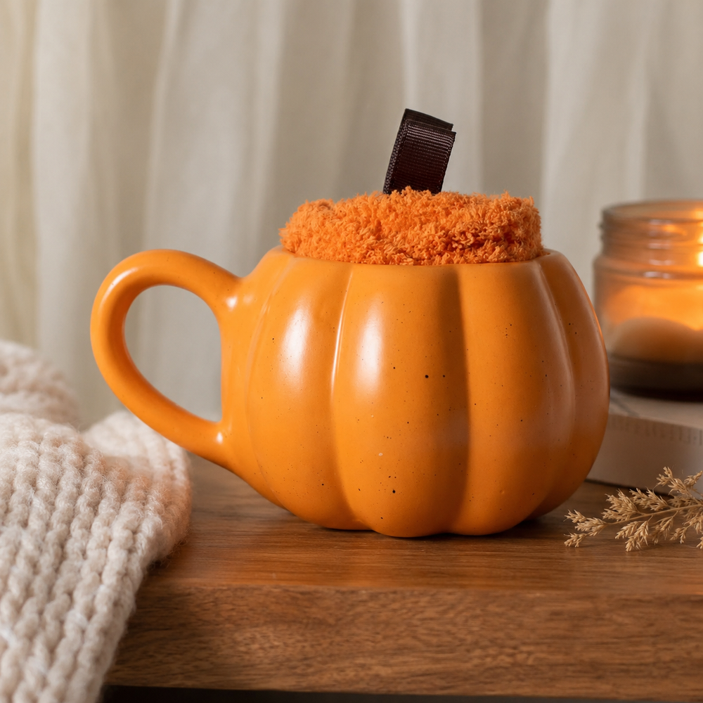 Pumpkin shaped mug with pair of fluffy autumn socks