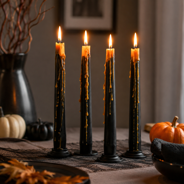 Four tall black taper candles with melted orange wax drips, lit and standing on a table with autumn decor including pumpkins, a vase, and a dark cloth.