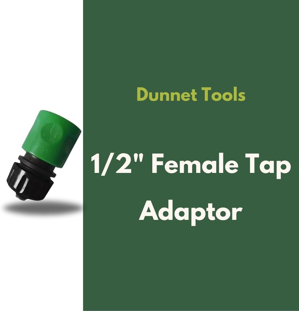 Black and green female hose connector with water stop.