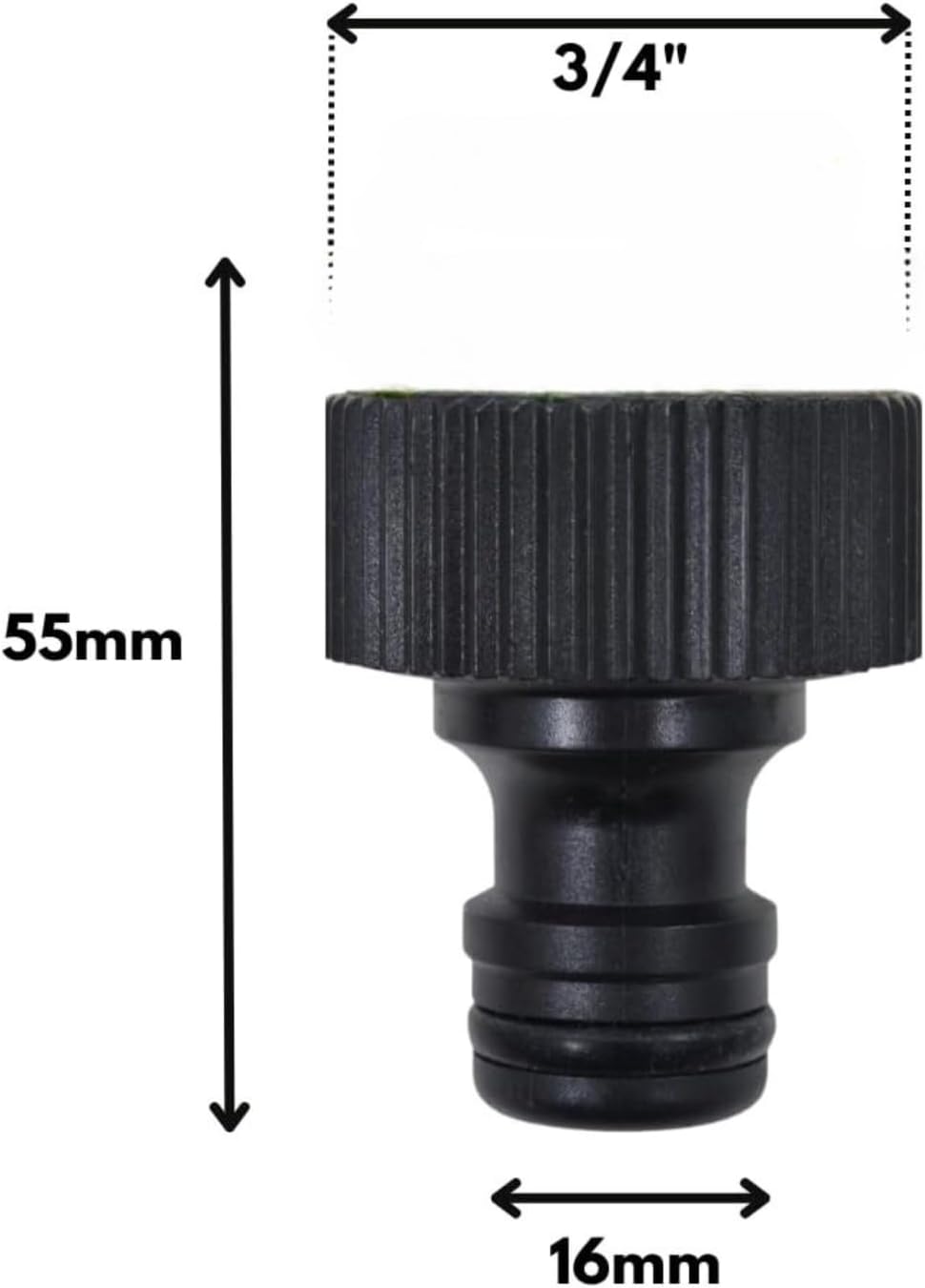 Black 3/4 inch BSP threaded tap connector.