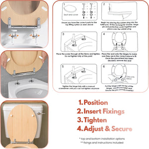Durable light pine toilet seat with complete fixing kit