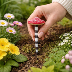 Resin mushroom ornaments positioned amongst flowers