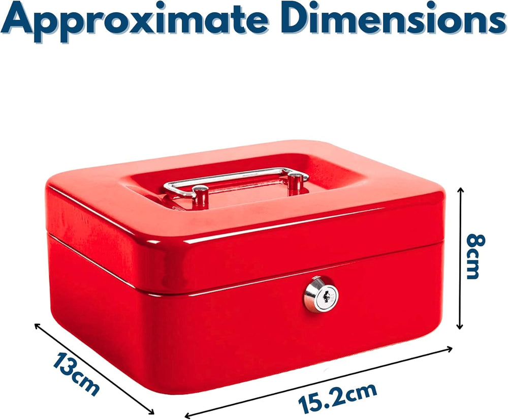 Red lockable steel cash box with removable tray.
