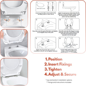 Contemporary white toilet seat with chrome-effect hinges