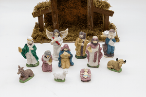 Traditional Nativity decoration featuring Mary Joseph and Baby Jesus