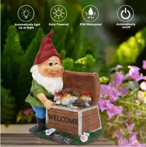 Solar welcome gnome positioned beside garden plants