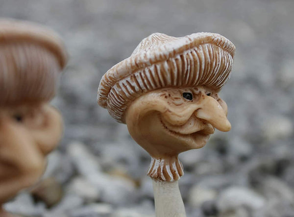 Colourful mushroom ornaments with faux grass bases