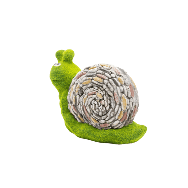 Resin snail garden statue with artificial grass detailing