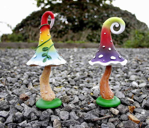 Set of two colourful resin toadstool garden ornaments