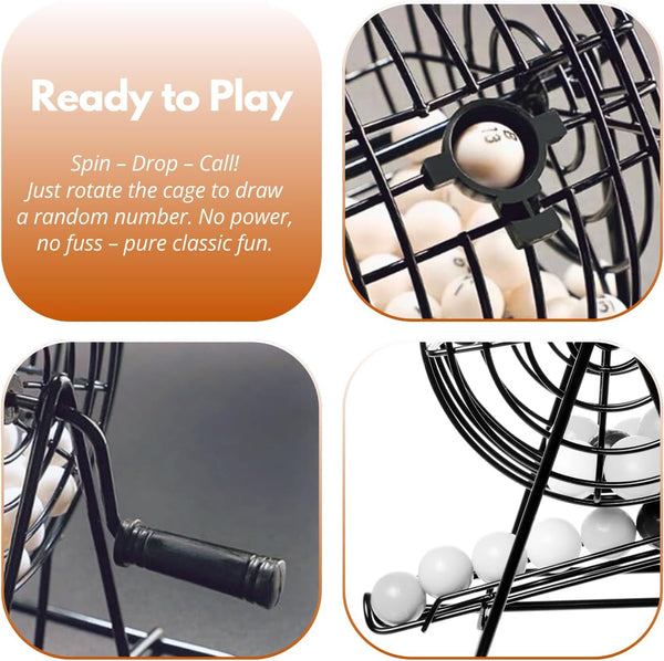 Metal bingo cage with reusable bingo cards.