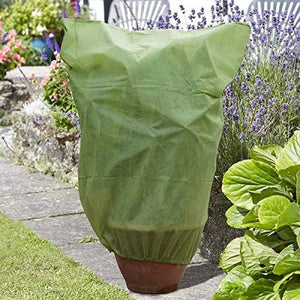 Reusable plant frost protection cover with adjustable drawstring.