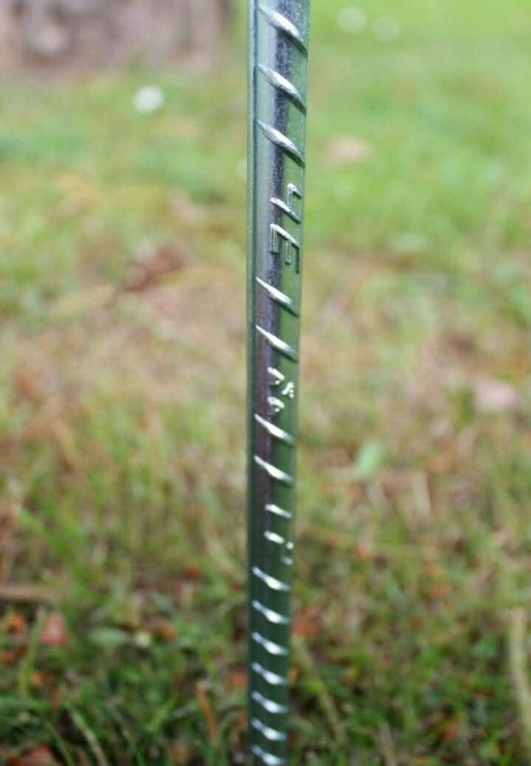 Ribbed metal stake shown from a close angle