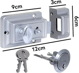 Silver surface mounted night latch with rim cylinder