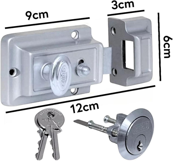 Silver surface mounted night latch with rim cylinder