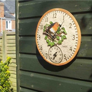 Stone effect wall clock and thermometer for garden