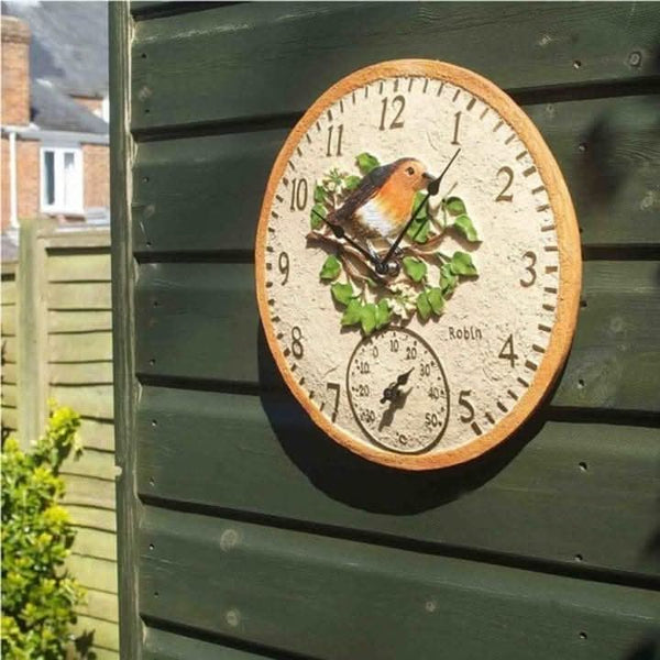 Stone effect wall clock and thermometer for garden