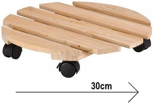Heavy-duty wooden plant trolley with lockable castors.