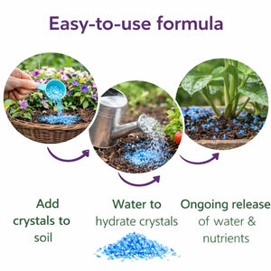 Moisture control crystals applied around established garden plants