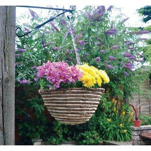 Rope rattan hanging basket with two tone woven design