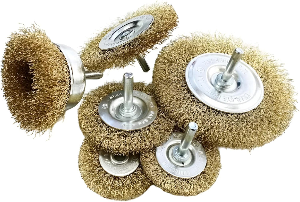 Six-piece rotary wire brush set with brass-coated bristles.
