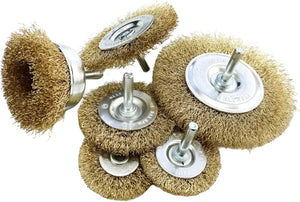 Six-piece rotary wire brush set with brass-coated bristles.