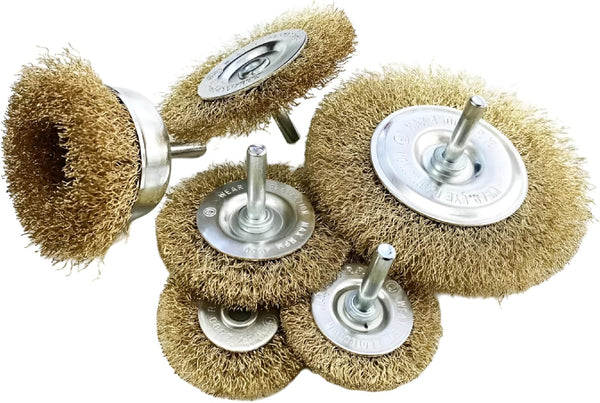 Six-piece rotary wire brush set with brass-coated bristles.