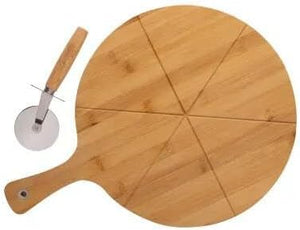 Pizza board with stainless steel cutter
