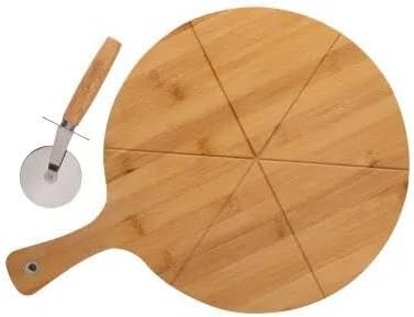 Pizza board with stainless steel cutter