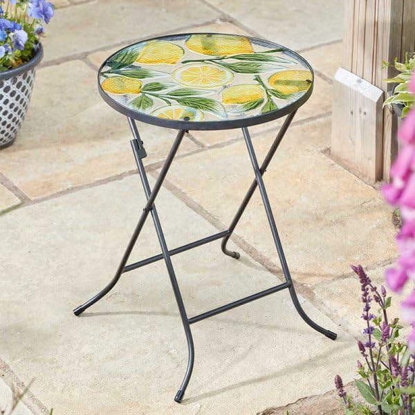 50cm round glass garden side table with lemon design