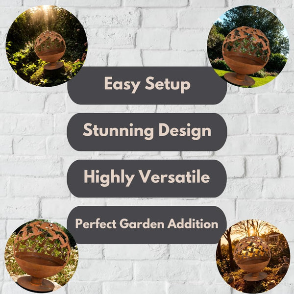 Large round garden fire heater with bird cut-outs.
