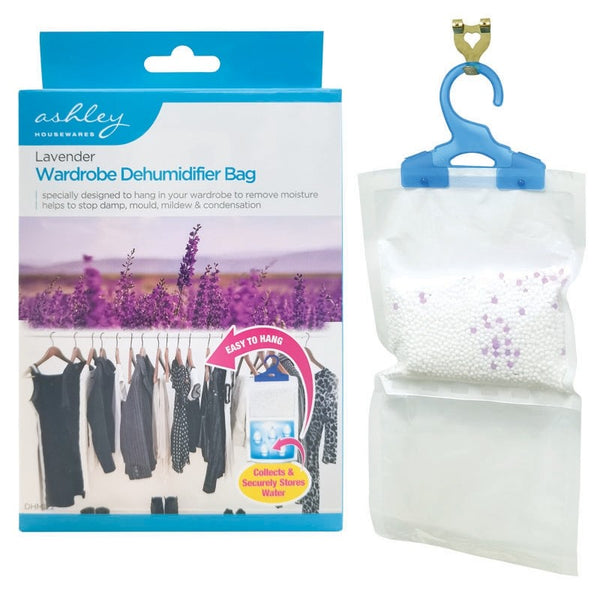 Wardrobe dehumidifier bag with packaging featuring lavender design