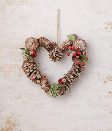 Rustic Christmas heart wreath with eucalyptus and pinecones