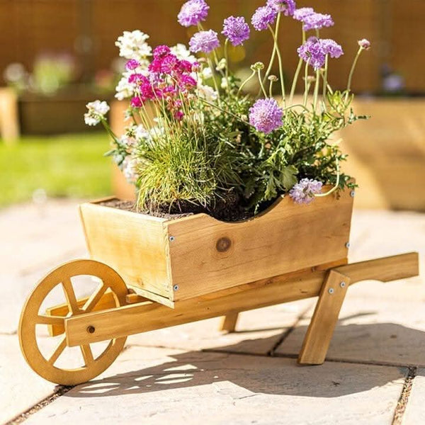 Fir wood garden planter with rotating wheel