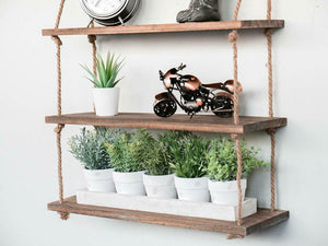 Decorative wooden rope shelving unit