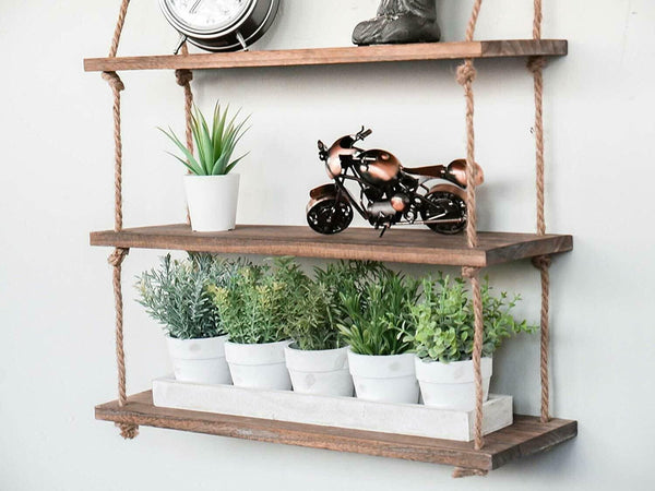 Decorative wooden rope shelving unit
