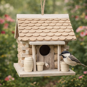 Hanging wooden bird nesting box for garden