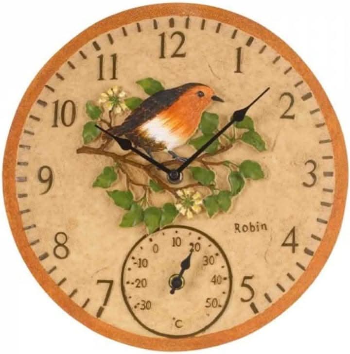 12 inch rustic stone effect robin wall clock and thermometer