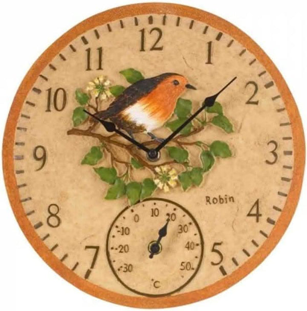 Robin garden wall clock with Centigrade temperature display