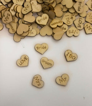 Rustic wooden wedding hearts with mixed romantic messages
