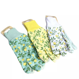 Three pairs of patterned gardening gloves on a white background