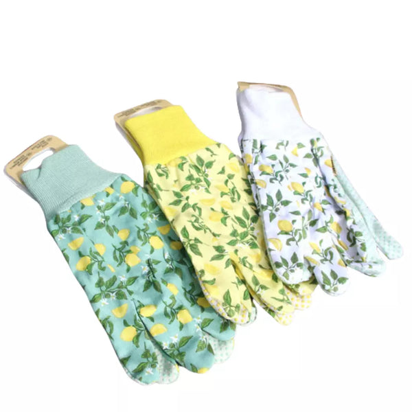 Three pairs of patterned gardening gloves on a white background
