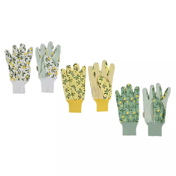 Set of gardening gloves with floral patterns on a white background