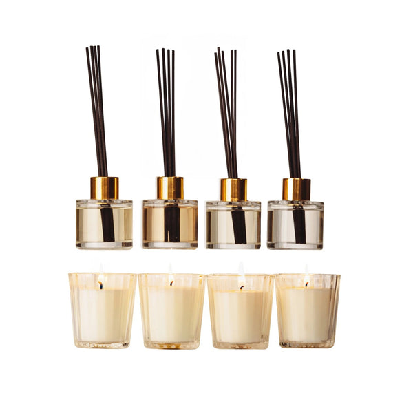 Set of five diffusers with candles on a white background