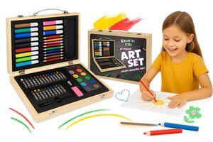 Child using an art set with a wooden case containing various art supplies on a white background.