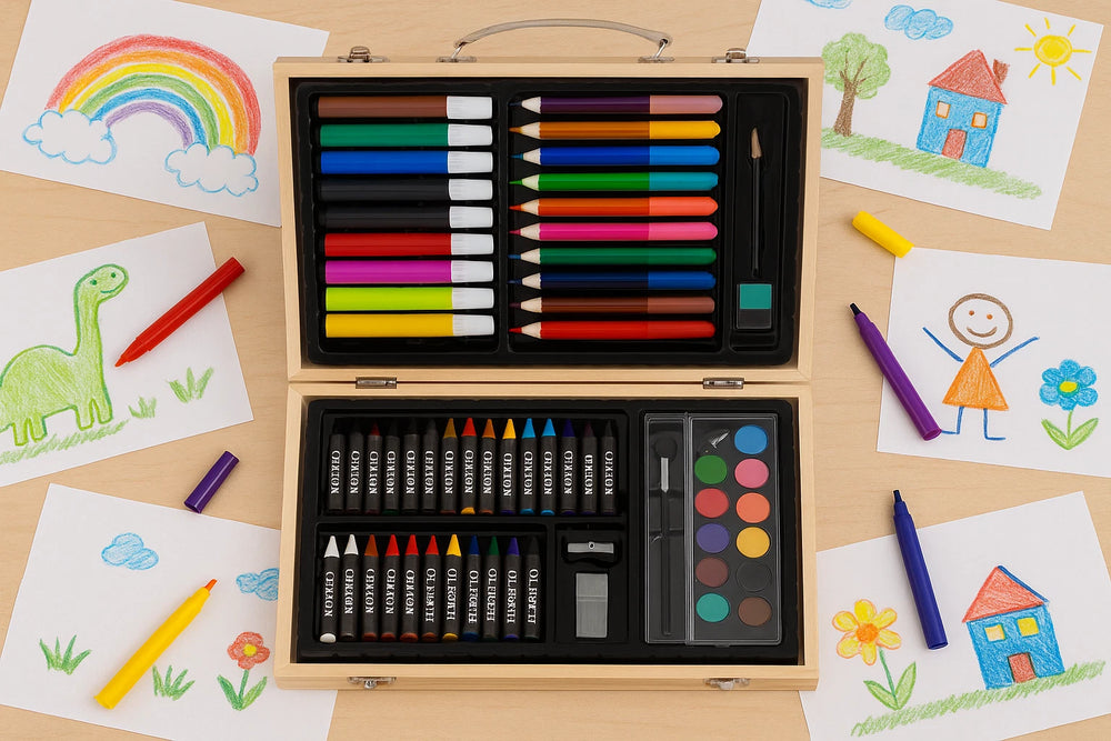 Artistic set with crayons, markers, and watercolors on a table with children's drawings.