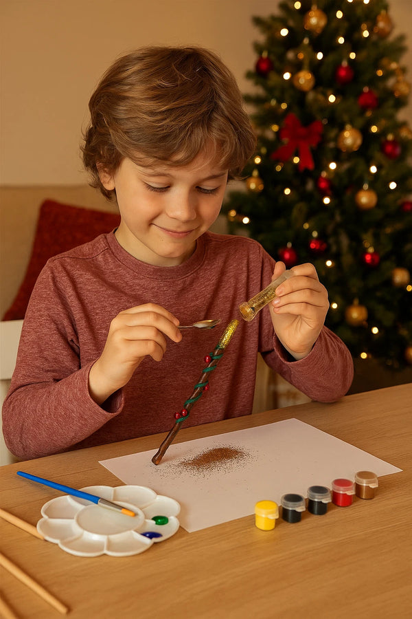 Child painting a Christmas ornament with a decorated tree in the background