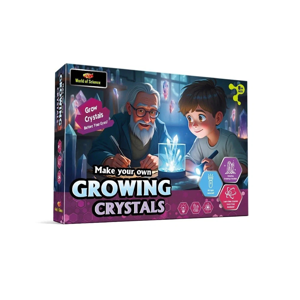Box for 'Make your own Growing Crystals' science kit with an illustration of a man and a child looking at crystals.