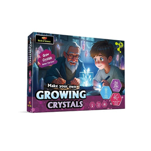 Box for 'Make your own Growing Crystals' science kit with an illustration of a man and a child looking at crystals.