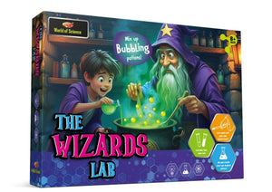 Board game box titled 'The Wizard's Lab' with colorful design and characters.